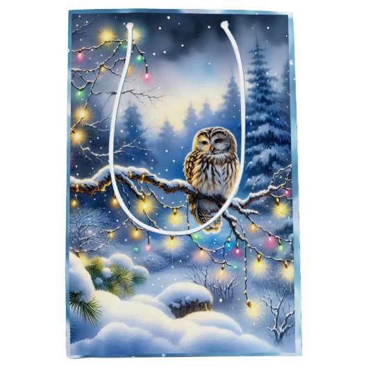 幻想的な冬の森のクリスマスフクロウ ミディアムペーパーバッグ (正面)