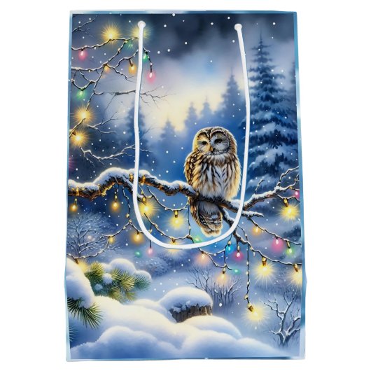 幻想的な冬の森のクリスマスフクロウ ミディアムペーパーバッグ (裏面)