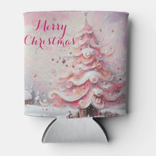 幻想的な印象派のクリスマスツリーピンク 缶クーラー (正面)