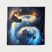 幻想的な反射：黒猫と白獅子 タペストリー (正面(横))