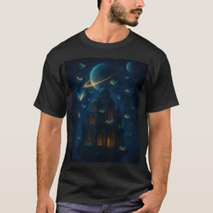 幻想的な図書館の惑星デザイン 魔法の夜空 Tシャツ