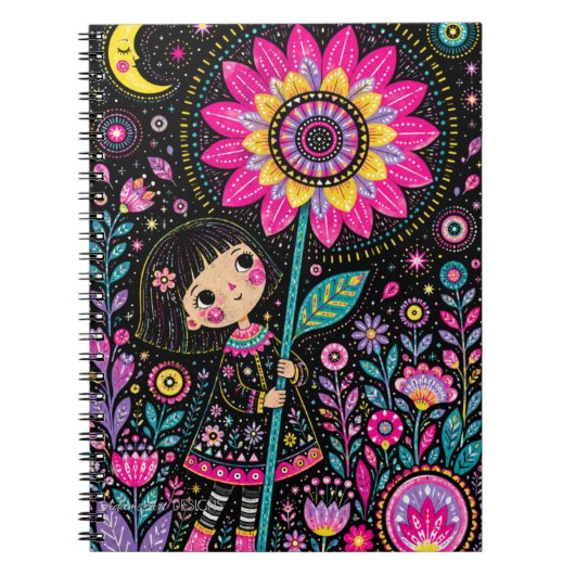 幻想的な夜の庭の少女 花のフォークアート ノートブック (正面)
