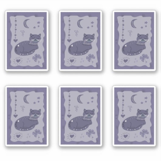 幻想的な夜の猫の民芸ステッカー シール (正面)