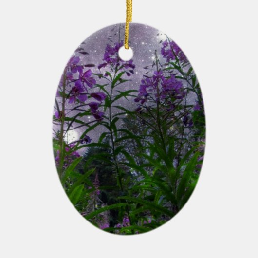 幻想的な夜の紫の花 セラミックオーナメント (正面)