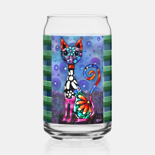 幻想的な大きな目のファンキーな子猫の抽象画 ガラス缶 (正面)
