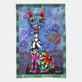 幻想的な大きな目のファンキーな子猫の抽象画 キッチンタオル