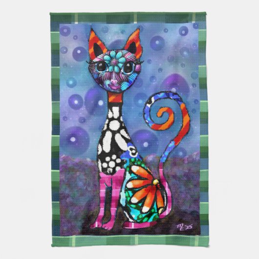 幻想的な大きな目のファンキーな子猫の抽象画 キッチンタオル (縦)