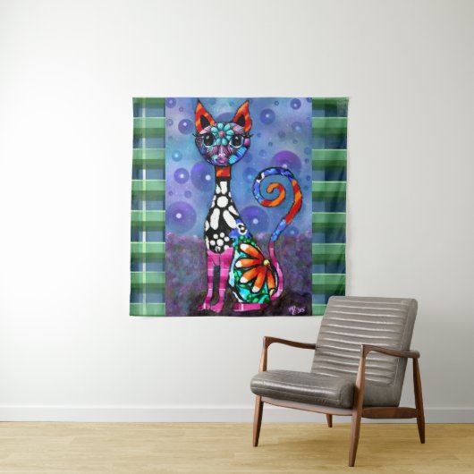 幻想的な大きな目のファンキーな子猫の抽象画 タペストリー (インサイチュ)