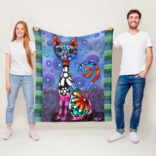 幻想的な大きな目のファンキーな子猫の抽象画 フリースブランケット (インサイチュ)