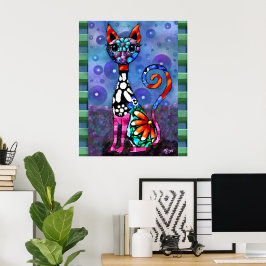 幻想的な大きな目のファンキーな子猫の抽象画 ポスター