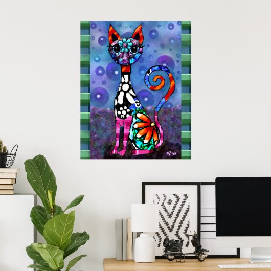 幻想的な大きな目のファンキーな子猫の抽象画 ポスター (ホームオフィス)