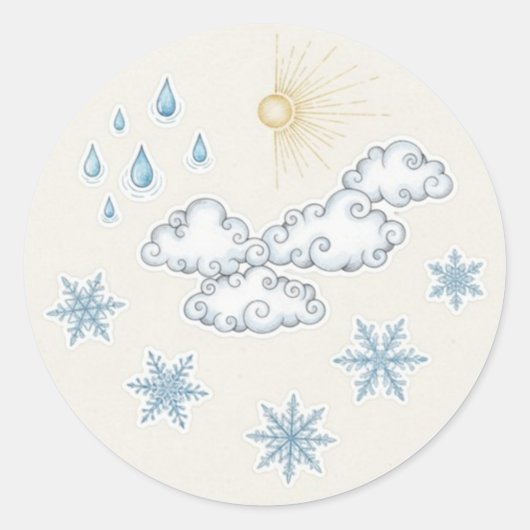 幻想的な天気アイコン – 陽+雲+雨+雪 ラウンドシール (正面)