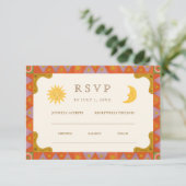 幻想的な太陽と月のファンキーな縁取りの結婚式RSVP 出欠カード (スタンド正面)