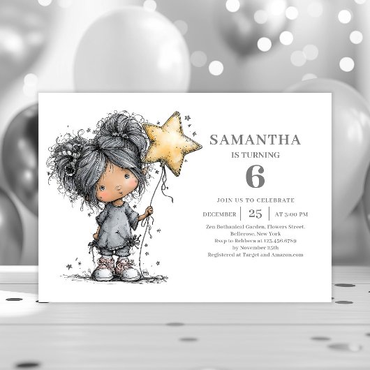 幻想的な女の子5歳の誕生日 ブラックゴールドパーティーの招待状 招待状