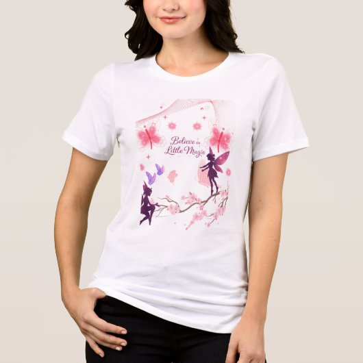 幻想的な妖精と蝶の花のイラスト トライブレンドTシャツ (正面)