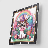 幻想的な妖精の牛の虹 スクエア壁時計 (傾斜)