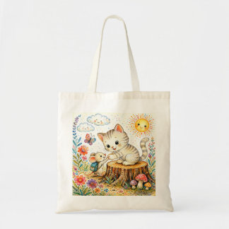 幻想的な子猫とネズミの友情の水彩画 トートバッグ