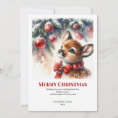 幻想的な子鹿の水彩画 冬のクリスマスカード シーズンカード (正面)