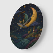 幻想的な少年が黄金の三日月に船旅 ラージ壁時計 (傾斜)