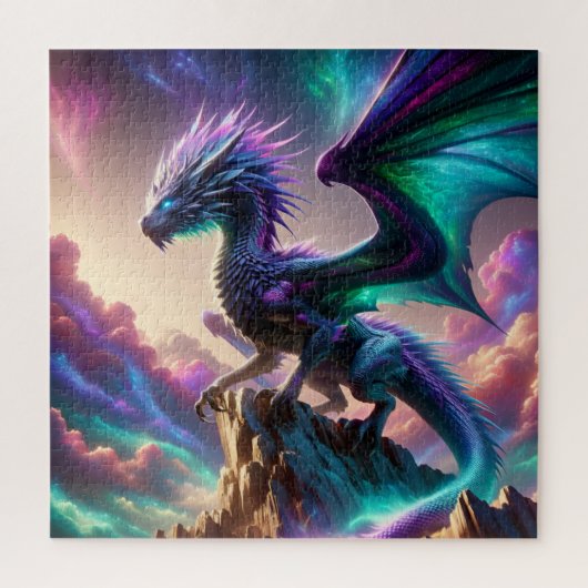 幻想的な山の上の天体オーロラドラゴンアート ジグソーパズル (縦)