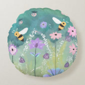 幻想的な庭園の花畑の蜂と花とホタルのモチーフ ラウンドクッション (正面)
