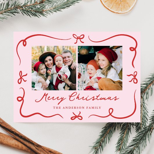 幻想的な手描きのピンクのリボン2枚の写真のクリスマス シーズンカード