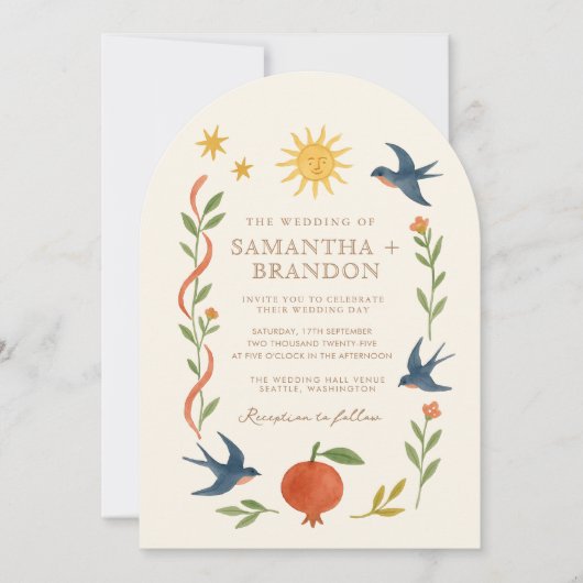 幻想的な手描きの天体フォークウェディング 招待状 (正面)