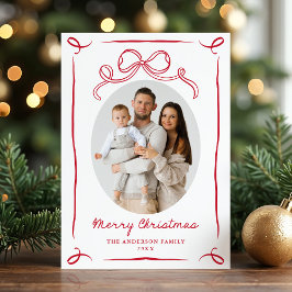 幻想的な手描きの赤いリボンのクリスマス 2 枚の写真 シーズンカード