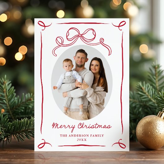 幻想的な手描きの赤いリボンのクリスマス 2 枚の写真 シーズンカード