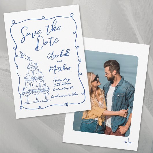 幻想的な手描きの青い結婚式の写真 セーブザデート