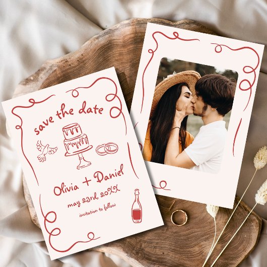 幻想的な手描き結婚写真カード 赤 セーブザデート