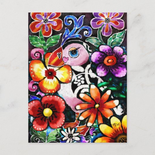 幻想的な抽象的なツノメドリの花柄デザイン ポストカード (正面)