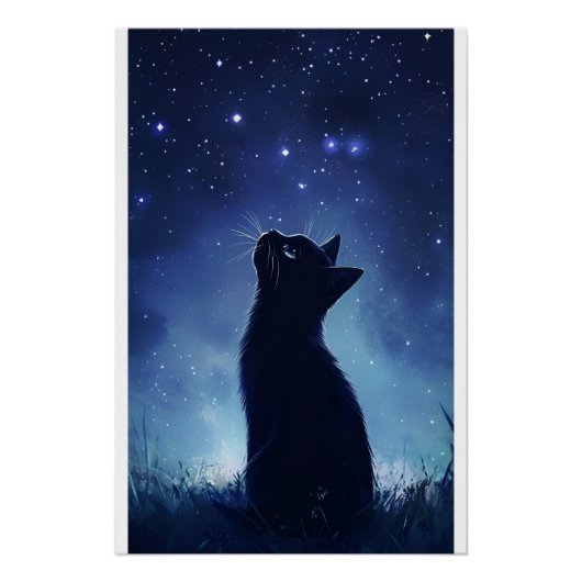 幻想的な星空の草原に黒猫 ポスター (正面)
