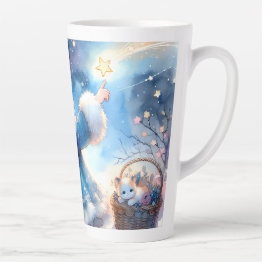 幻想的な星空観察少女の水彩画 カフェラテマグ (右)