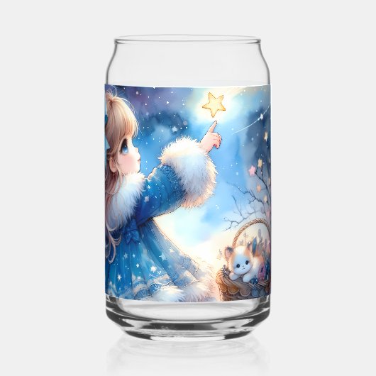 幻想的な星空観察少女の水彩画 ガラス缶 (正面)