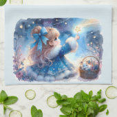 幻想的な星空観察少女の水彩画 キッチンタオル (折り畳み)