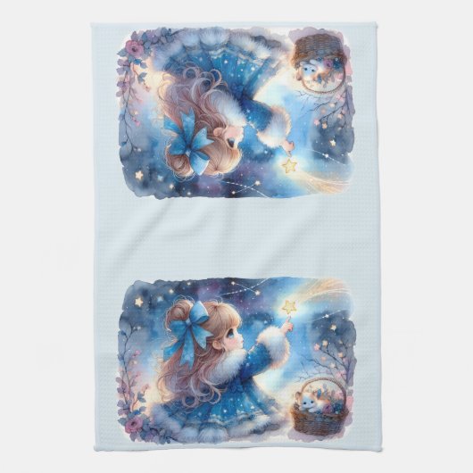 幻想的な星空観察少女の水彩画 キッチンタオル (縦)