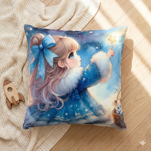 幻想的な星空観察少女の水彩画 クッション