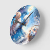 幻想的な星空観察少女の水彩画 ラウンド壁時計 (傾斜)