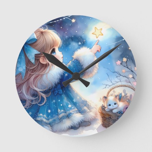 幻想的な星空観察少女の水彩画 ラウンド壁時計 (正面)