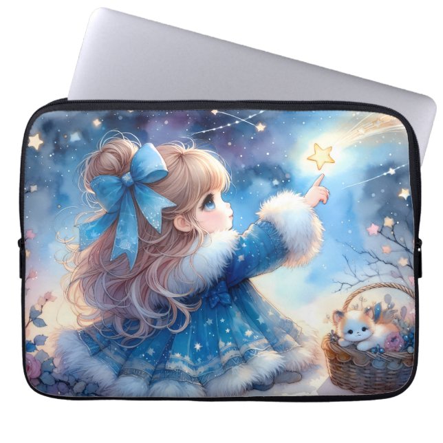 幻想的な星空観察少女の水彩画 ラップトップスリーブ (正面)