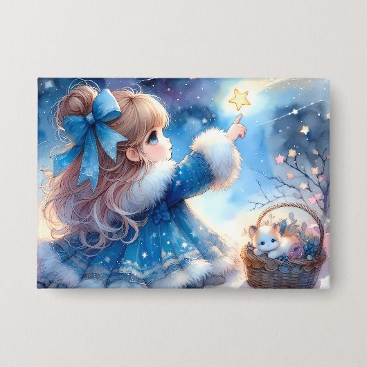 幻想的な星空観察少女の水彩画 缶バッジ (正面)