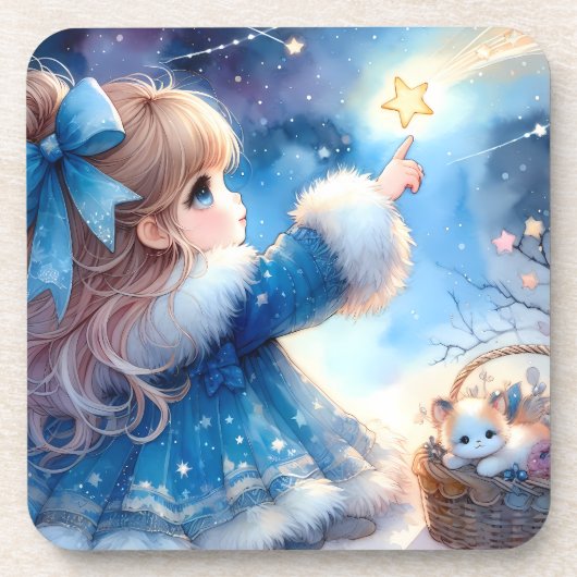 幻想的な星見少女の水彩画 コースター (正面)