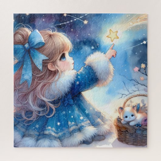 幻想的な星見少女の水彩画 ジグソーパズル (縦)