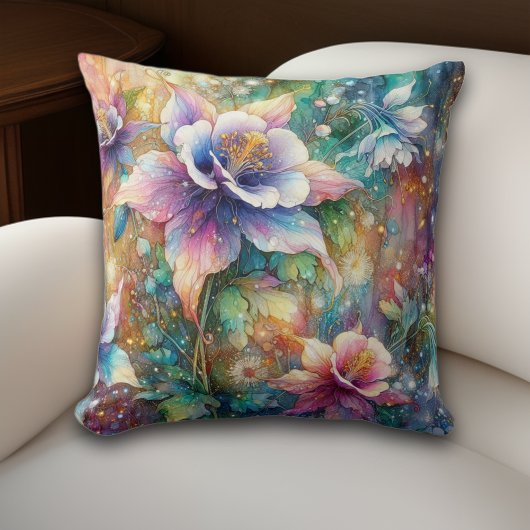 幻想的な春のオダマキの花の水彩画  クッション