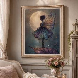 幻想的な月夜の妖精 水彩画 ファンタジーアート ポスター