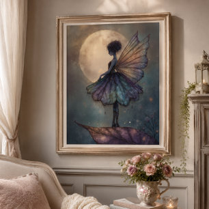 幻想的な月夜の妖精 水彩画 ファンタジーアート ポスター