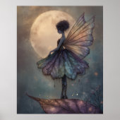 幻想的な月夜の妖精 水彩画 ファンタジーアート ポスター (正面)