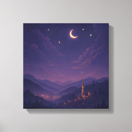 幻想的な月明かりの村の夜景 キャンバスプリント