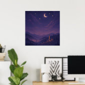 幻想的な月明かりの村の夜景 ポスター (ホームオフィス)